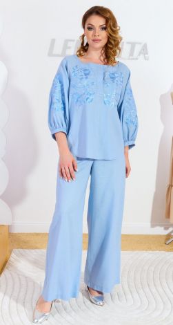 Лляний брючний костюм із вишивкою