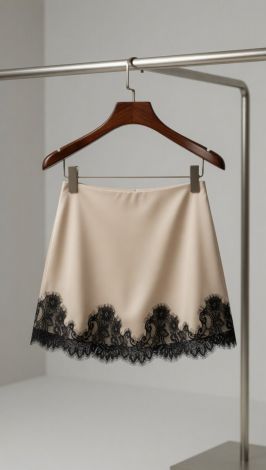 Шовкова спідниця міні молочного кольору з чорним мереживом ришельє - Зображення 6