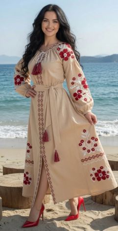 A luxurious beige linen embroidered dress with a rich pattern