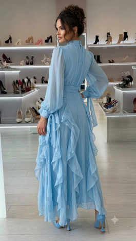 Light Blue Tencel Lined Maxi Evening Dress with Cascading Ruffles - Image 4