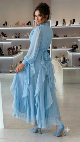 Light Blue Tencel Lined Maxi Evening Dress with Cascading Ruffles - Image 5