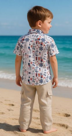 Морська сорочка для хлопчика — біла з якорями та штурвалам