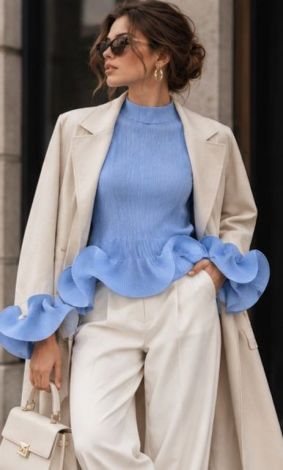 Sky-blue pleated eco-silk blouse with statement ruffles - Image 5