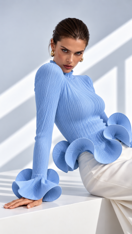 Sky-blue pleated eco-silk blouse with statement ruffles - Image 4