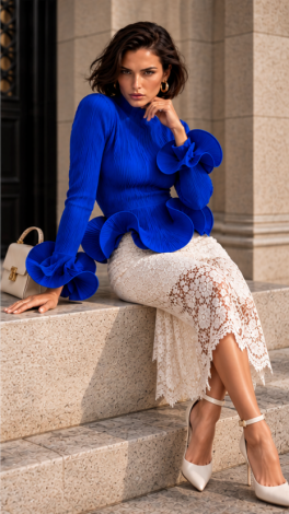 Electric Blue Pleated Eco-Silk Blouse with Statement Ruffles - Image 5
