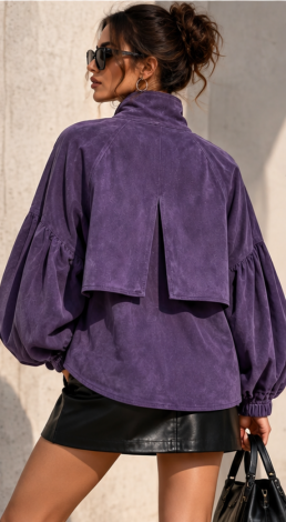 Purple bomber jacket in velvety faux suede featuring a stand-up collar and voluminous sleeves  - Image 4