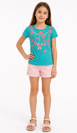 Girls turquoise t-shirt with floral rhinestone print and lettering