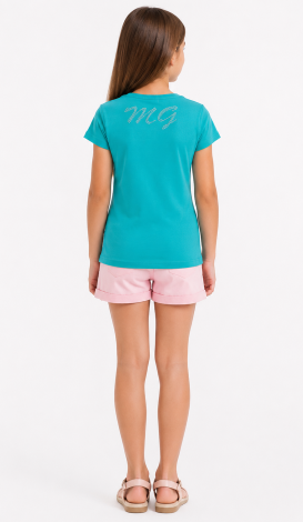 Girls turquoise t-shirt with floral rhinestone print and lettering