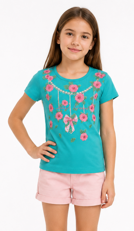 Girls turquoise t-shirt with floral rhinestone print and lettering