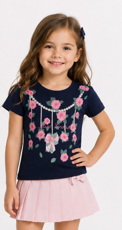 Girls blue t-shirt with floral rhinestone print and lettering