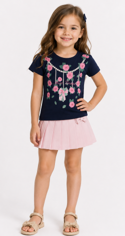 Girls blue t-shirt with floral rhinestone print and lettering