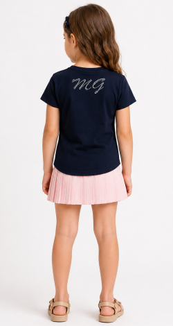 Girls blue t-shirt with floral rhinestone print and lettering