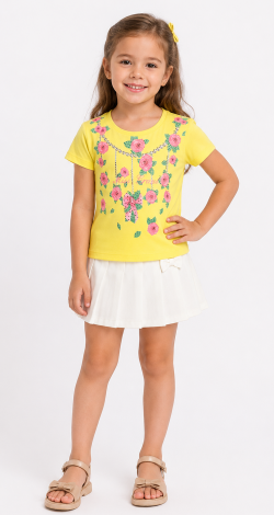 Girls yellow t-shirt with floral rhinestone print and lettering