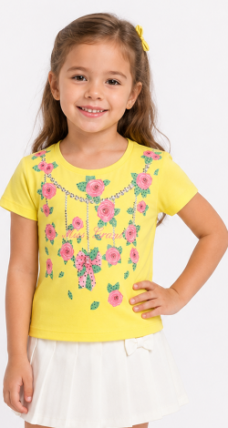 Girls yellow t-shirt with floral rhinestone print and lettering