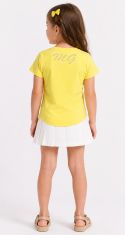 Girls yellow t-shirt with floral rhinestone print and lettering