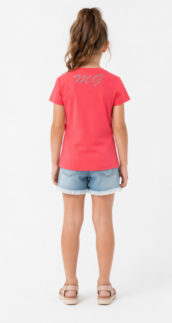 Girls red t-shirt with floral rhinestone print and lettering