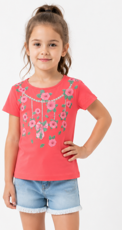 Girls red t-shirt with floral rhinestone print and lettering