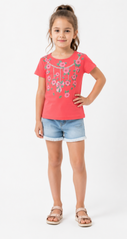 Girls red t-shirt with floral rhinestone print and lettering