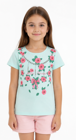 Girls blue t-shirt with floral rhinestone print and lettering