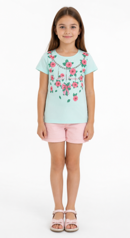 Girls blue t-shirt with floral rhinestone print and lettering