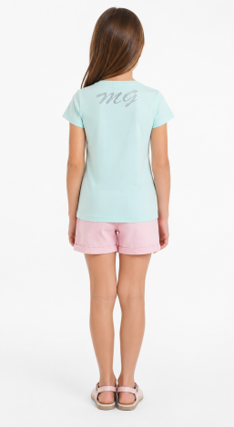 Girls blue t-shirt with floral rhinestone print and lettering