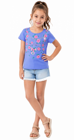 Girls lavender t-shirt with floral rhinestone print and lettering