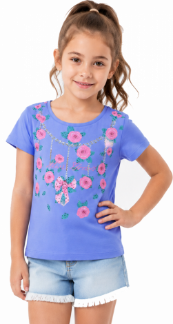 Girls lavender t-shirt with floral rhinestone print and lettering