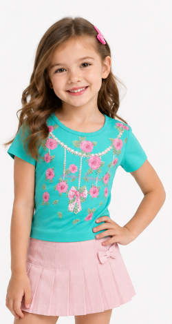 Girls soft green t-shirt with floral rhinestone print and lettering