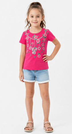 Girls barbie pink t-shirt with floral rhinestone print and lettering