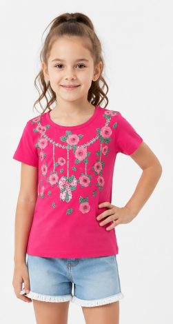 Girls barbie pink t-shirt with floral rhinestone print and lettering