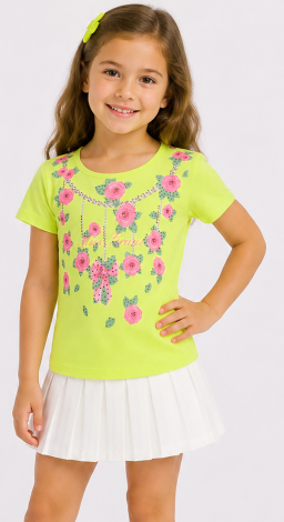 Girls lime t-shirt with floral rhinestone print and lettering