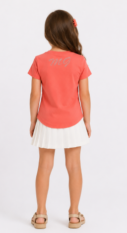 Girls coral t-shirt with floral rhinestone print and lettering