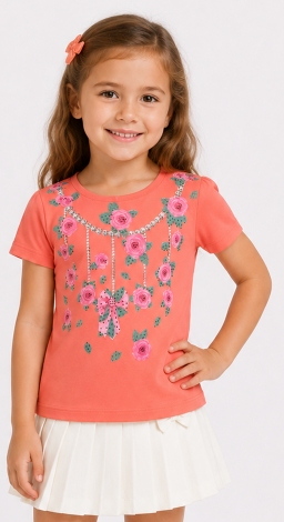 Girls coral t-shirt with floral rhinestone print and lettering