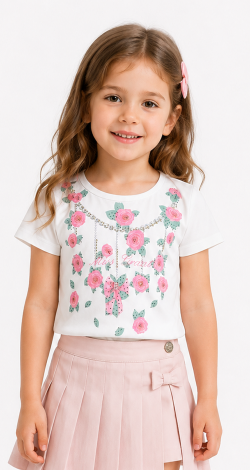 Girls white t-shirt with floral rhinestone print and lettering