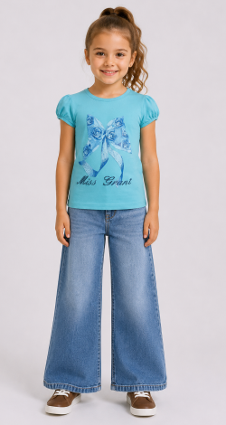 Girls turquoise t-shirt with lettering and rhinestone bow