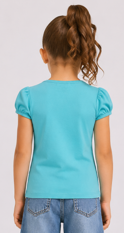 Girls turquoise t-shirt with lettering and rhinestone bow