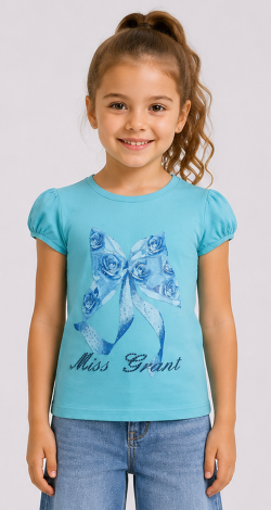 Girls turquoise t-shirt with lettering and rhinestone bow