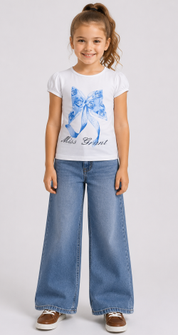 Girls white t-shirt with lettering and rhinestone bow
