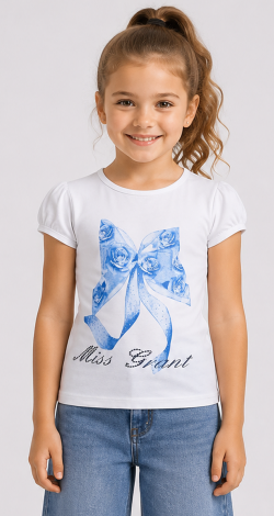 Girls white t-shirt with lettering and rhinestone bow