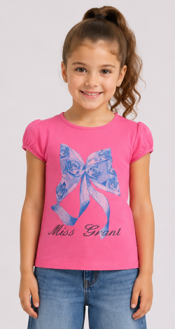 Girls pink t-shirt with lettering and rhinestone bow
