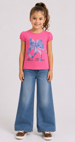 Girls pink t-shirt with lettering and rhinestone bow