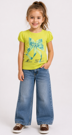 Girls yellow t-shirt with lettering and rhinestone bow
