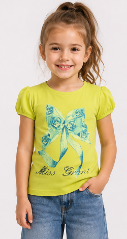 Girls yellow t-shirt with lettering and rhinestone bow