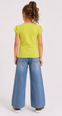 Girls yellow t-shirt with lettering and rhinestone bow