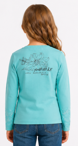 Girls turquoise sweatshirt with floral rhinestone and pearl print