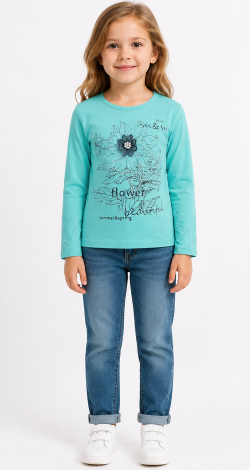 Girls turquoise sweatshirt with floral rhinestone and pearl print