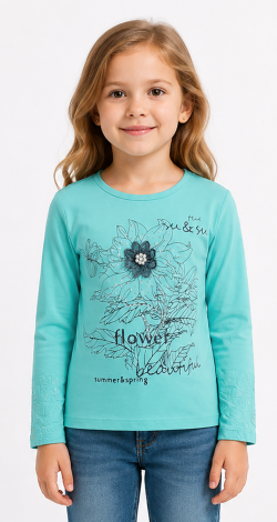 Girls turquoise sweatshirt with floral rhinestone and pearl print