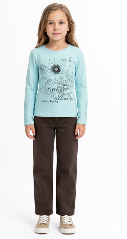 Girls blue sweatshirt with floral rhinestone and pearl print