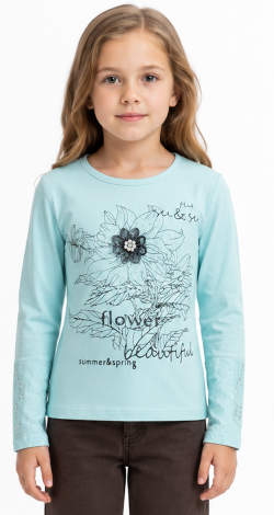 Girls blue sweatshirt with floral rhinestone and pearl print