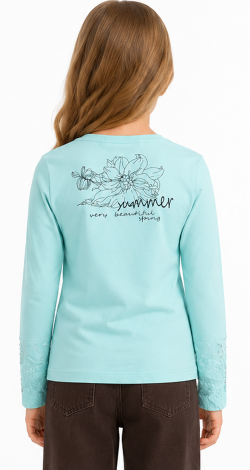 Girls blue sweatshirt with floral rhinestone and pearl print